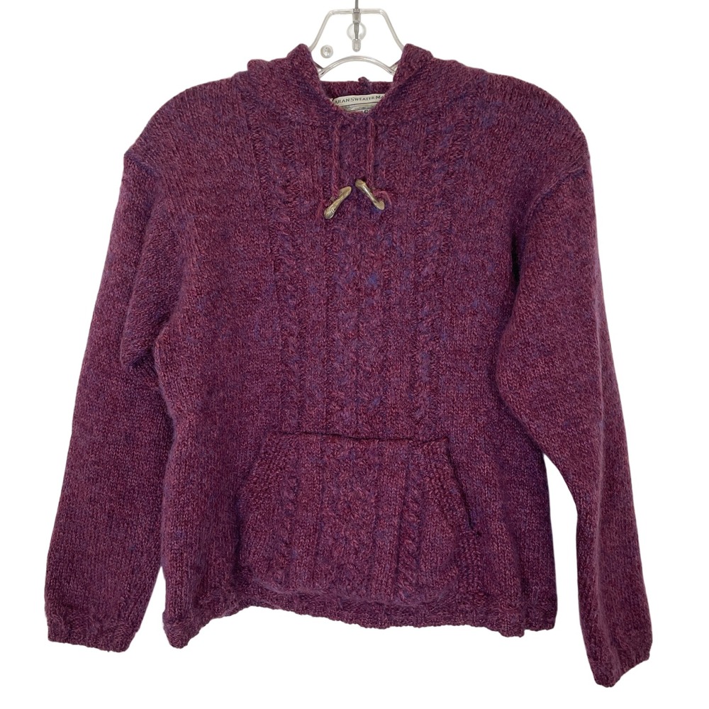 Aran Sweater Market Pullover Pure Merino Wool Irish Hooded Purple Fisherman XS